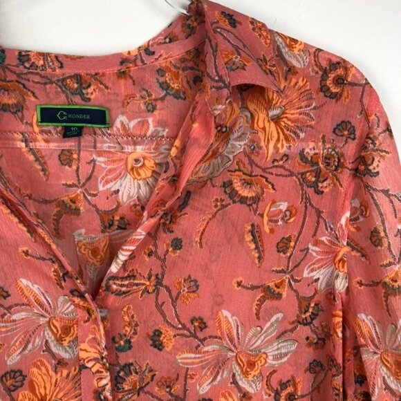 C. Wonder Floral Sheer Duster Orange 10 Button Up - Picture 2 of 8